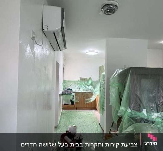 חדר עם ציוד לצביעה, יריעות פלסטיק ודליי צבע